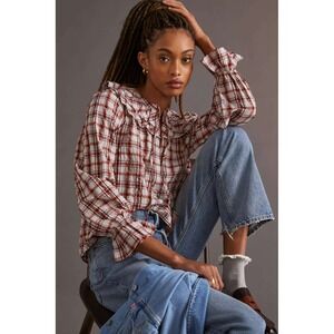 Anthropologie Maeve Ruffled Plaid Button Down Shirt Red Multi Women's Medium